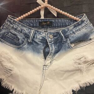 Blue and White Distressed Denim Shorts